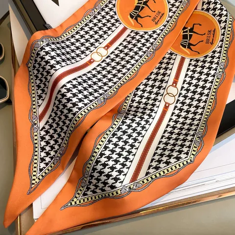 Women Skinny Twilly Scarf Houndstooth Equestrian Horse Chain Print Polyester Satin Neck Tie Bag Ribbon