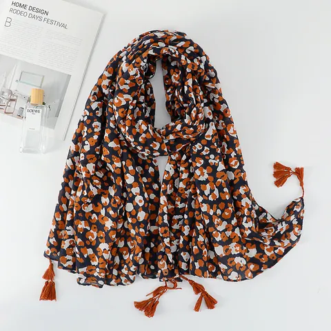 Sciarpa con Stampa Leopardata Etnica Scialle Lungo da Donna Vintage in Misto Cotone con Nappine Protezione Solare Morbida Viaggio Accessorio