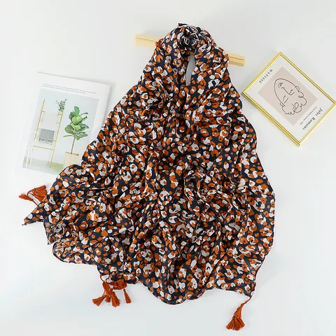 Sciarpa con Stampa Leopardata Etnica Scialle Lungo da Donna Vintage in Misto Cotone con Nappine Protezione Solare Morbida Viaggio Accessorio
