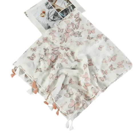Damen Langer Satin Schal Echarpe Polyester Baumwoll Leinen Gefühl Schmetterlingsdruck Quaste Sommer Sonnenschutz Accessoire