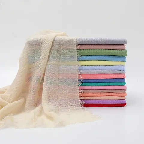 Women Solid Color Pleated Cotton Scarf Large Crinkle Hijab Shawl Frayed Edges Lightweight Sun Protection Neck Head Wrap