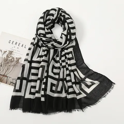 Women Lightweight Geometric Maze Pattern Scarf Soft Cotton Linen Feel Shawl Elegant Printed Long Gauze Scarf With Fringed Edges