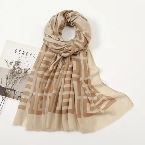Women Lightweight Geometric Maze Pattern Scarf Soft Cotton Linen Feel Shawl Elegant Printed Long Gauze Scarf With Fringed Edges