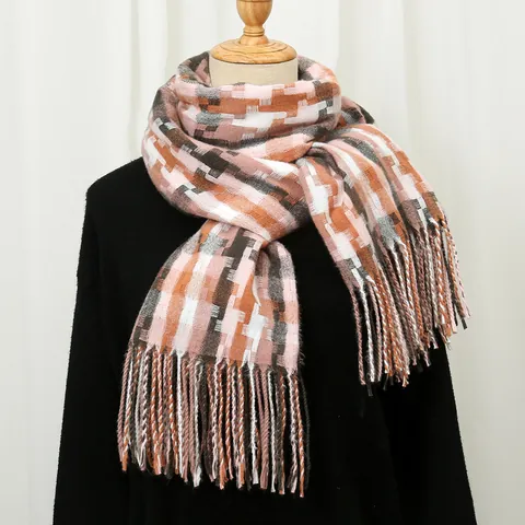 Bufanda de Cuadros para Mujer con Borlas Suave Imitación Cachemira Gruesa Cálida Chal Largo Patrón Geométrico Mosaico Invierno