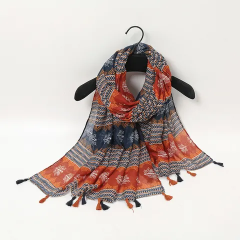 Sciarpa Geometrica Bohemien da Donna Scialle con Stampa Tribale Etnica Con Nappine Morbido Voile Protezione Solare Accessorio Viaggio