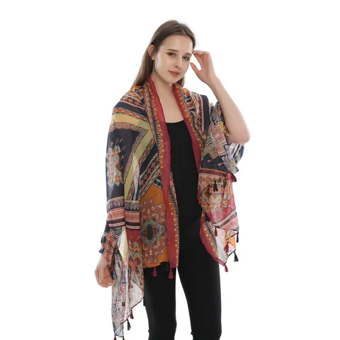 Women Bohemian Ethnic Geometric Print Scarf Long Shawl With Tassel For Sun Protection Travel Beach Lightweight Wrap