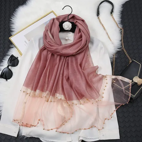 Élégant Foulard Long en Satin pour Femme Dégradé Perlé Châle en Maille Avec Perles Dorées Garniture Scintillante Châle de Luxe