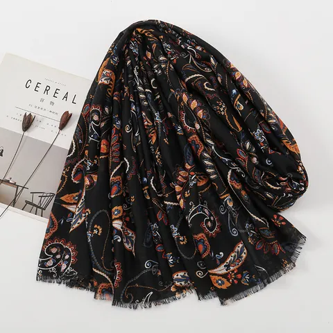 Écharpe en Polyester Vintage Imprimé Paisley Ethnique Grand Châle Protection Solaire Doux Pashmina Bord Effiloché Enveloppement pour Femmes Voyage Plage Fête
