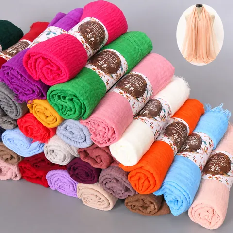 Women Solid Color Pleated Cotton Scarf Large Crinkle Hijab Shawl Frayed Edges Lightweight Sun Protection Neck Head Wrap