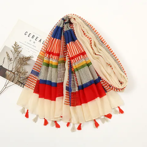 Women Vintage Geometric Stripe Sunscreen Shawl Scarf Lightweight Voile Bohemian Beach Wrap With Tassel Decor For Travel Party