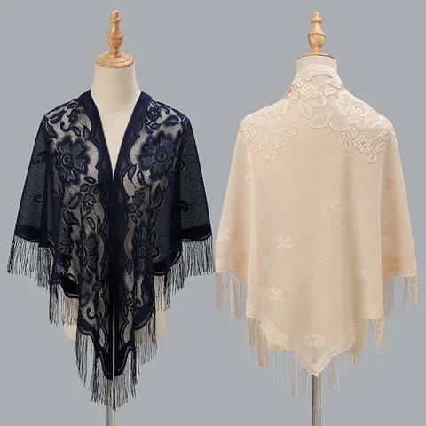 Foulard Triangle en Dentelle Florale pour Femme Châle Élégant Ajouré avec Glands pour Mariage Fête Robe de Soirée Nylon Doux