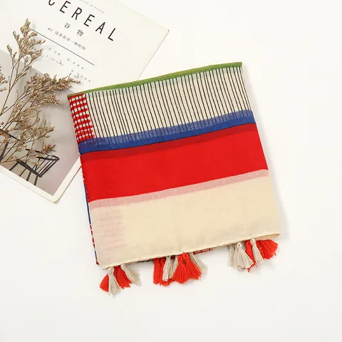 Women Vintage Geometric Stripe Sunscreen Shawl Scarf Lightweight Voile Bohemian Beach Wrap With Tassel Decor For Travel Party