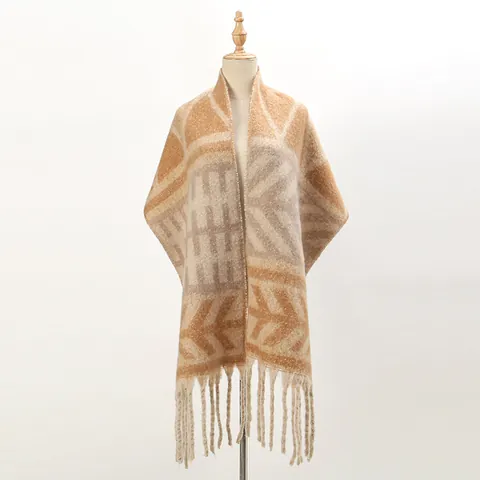 Women Geometric Tassel Scarf Cashmere-like Polyester Thick Warm Knitted Shawl Wrap For Winter Autumn Ethnic Style Fashion Poncho