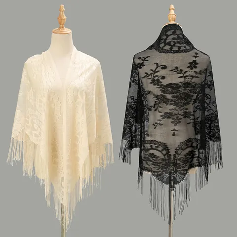 Women's Vintage Floral Lace Shawl Hollow Out Triangle Scarf With Tassels Nylon Polyester Wrap For Wedding Party Evening
