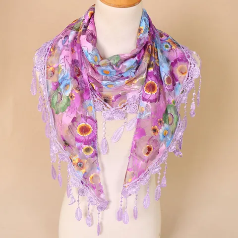 Bohemian Women Floral Lace Triangle Scarf Hollow Out Tassel Shawl Breathable Sunshade Wrap For Travel Daily Fashion Neck Scarf