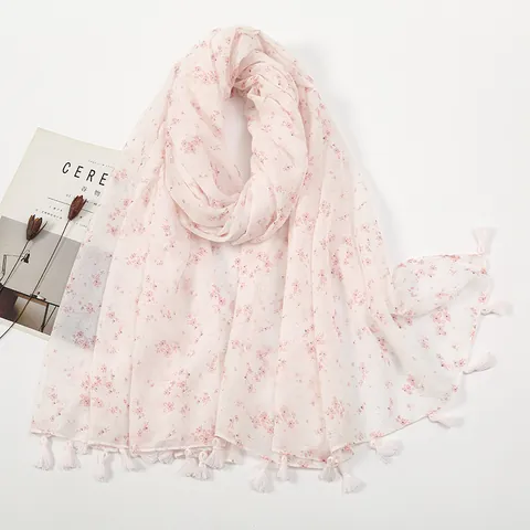 Women Floral Print Scarf With Tassels Lightweight Polyester Voile Shawl Wrap For Sun Protection And Daily Casual Styling