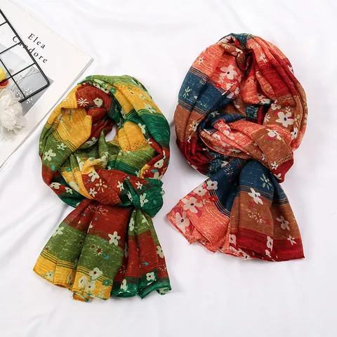 Women's Vintage Floral Striped Voile Scarf Color Block Printed Sun Protection Shawl Large Lightweight Neck Wrap Beach Stole Fashion Hijab