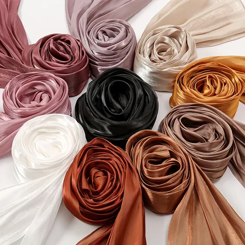 Women Pleated Satin Scarf Solid Color Long Shawl Silky Crinkle Sunshade Wrap Fashion Lightweight Beach Scarf Accessory