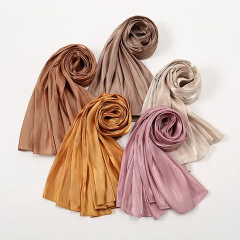 Women Pleated Satin Scarf Solid Color Long Shawl Silky Crinkle Sunshade Wrap Fashion Lightweight Beach Scarf Accessory