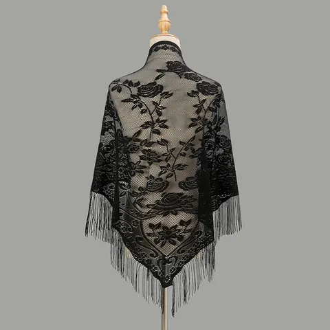 Women's Lace Hollow Triangle Scarf Shawl With Tassels Elegant Polyester Floral Wedding Veil Sunscreen Wrap For Party