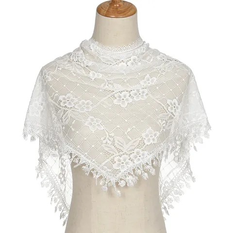 Women's Elegant Floral Lace Triangular Scarf Shawl With Tassels Hollow Out Polyester Wrap For Wedding Party Daily Fashion Accessories