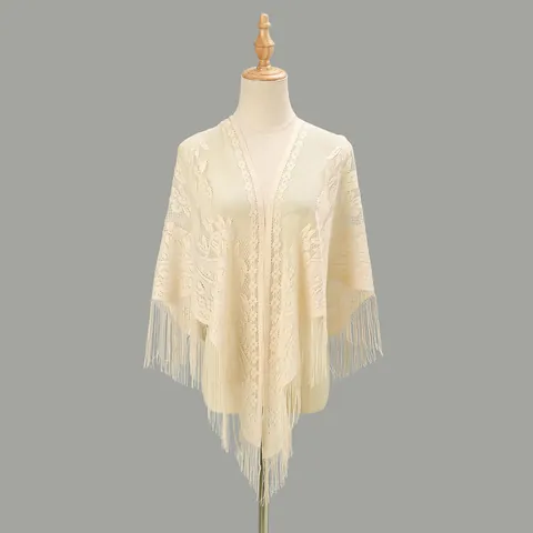 Women's Lace Hollow Triangle Scarf Shawl With Tassels Elegant Polyester Floral Wedding Veil Sunscreen Wrap For Party