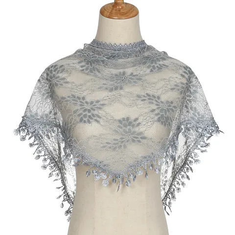 Women Polyester Lace Triangle Scarf Hollow Out Floral Shawl With Tassel Elegant Retro Sheer Wrap For Party Daily