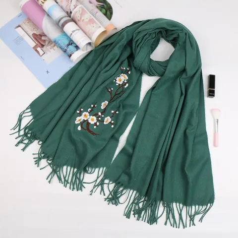 Damen Eleganter Kaschmir-Imitat Schal Mit Pflaumenblüten-Stickerei Und Quasten Warmer Weicher Schal Für Damen Mode-Accessoire