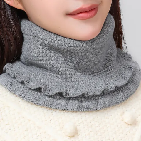 Women Winter Warm Knit Neck Warmer Solid Color Ruffle Edge Fake Collar Neck Gaiter Polyester Knitting Scarf For Outdoor Daily