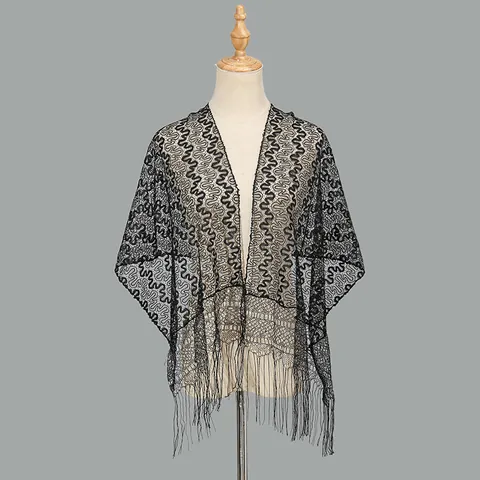 Dames Etnische Kant Sjaal Schultertuch Met Kwastjes Gestreept Golfpatroon Polyester Lichtgewicht Wrap Voor Dagelijks Feest