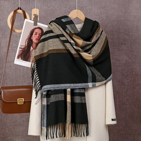 Women Vintage Plaid Tassel Scarf Soft Faux Cashmere Warm Winter Shawl Large Contrast Color Thick Wrap Fashion Accessory