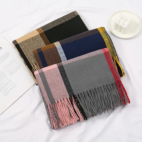 Women Vintage Plaid Tassel Scarf Soft Faux Cashmere Warm Winter Shawl Large Contrast Color Thick Wrap Fashion Accessory