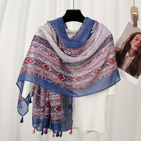 Damen Bohemian Geometrisches Muster Schal Lang Dünn Polyester Schultertuch Mit Quasten Ethno Stil Retro Reise Sonnenschutz