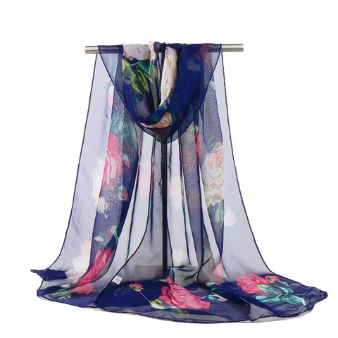Women Elegant Lotus Floral Print Georgette Scarf Long Silk Feeling Polyester Wrap Lightweight Sun Protection Shawl Rose Pattern Fashion Scarf
