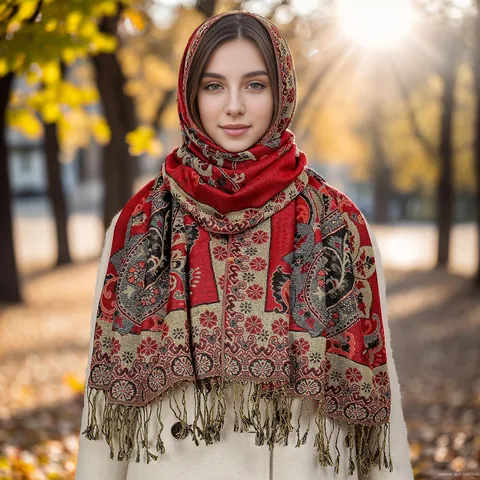 Women's Vintage Ethnic Paisley Polyester Shawl Scarf With Tassels Jacquard Flower Large Winter Warm Scarf Travel Wrap
