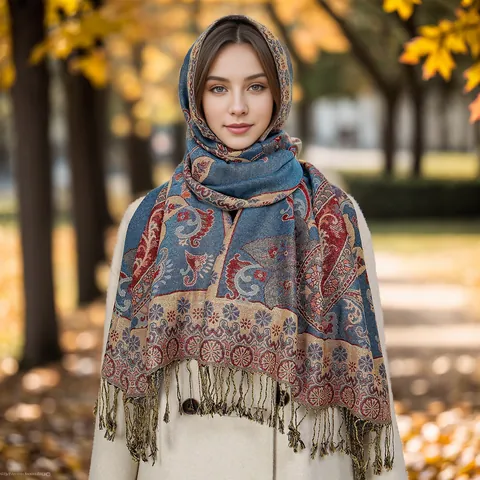Women's Vintage Ethnic Paisley Polyester Shawl Scarf With Tassels Jacquard Flower Large Winter Warm Scarf Travel Wrap