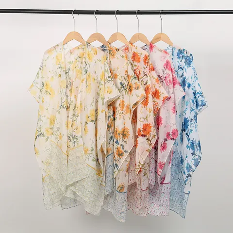 Women Casual Polyester Floral Printed Sun Protection Shawl Open Front Kimono Cardigan Beach Cover Up For Summer Vacation