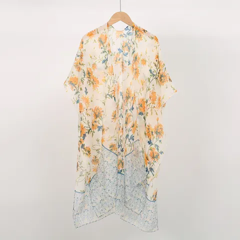 Women Casual Polyester Floral Printed Sun Protection Shawl Open Front Kimono Cardigan Beach Cover Up For Summer Vacation