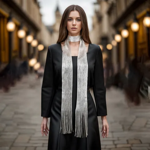 Women Metallic Shiny Tassel Scarf Long Skinny Evening Party Wrap Versatile Warp Knitted Neck Ribbon Formal Scarf