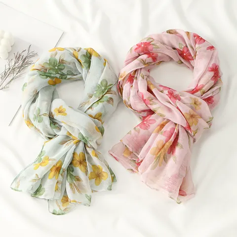 Women Fashion Voile Scarf Elegant Floral Print Lightweight Sun Protection Shawl Ethnic Style Large Wrap For Travel Beach