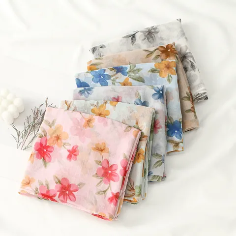 Women Fashion Voile Scarf Elegant Floral Print Lightweight Sun Protection Shawl Ethnic Style Large Wrap For Travel Beach