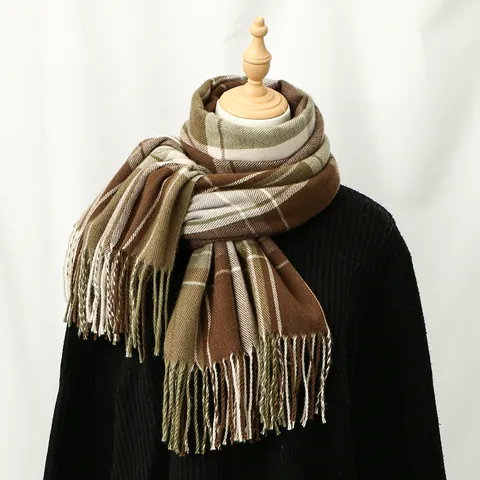 Britischer Stil Kaschmir-Imitat Karierter Schal Für Damen Winter Dick Warm Großes Schultertuch Mit Quasten Weich Polyester