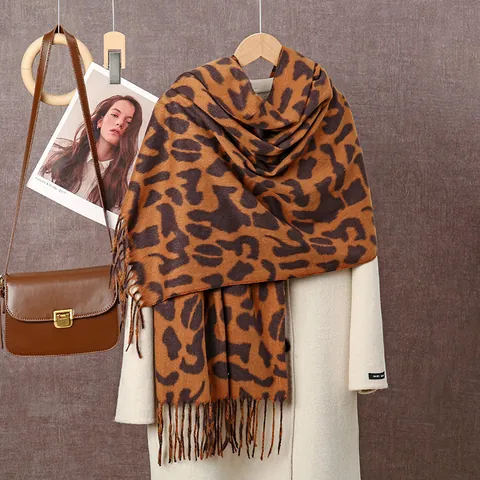 Women Winter Warm Leopard Print Imitation Cashmere Scarf Fashion Long Tassel Shawl Casual Scarf