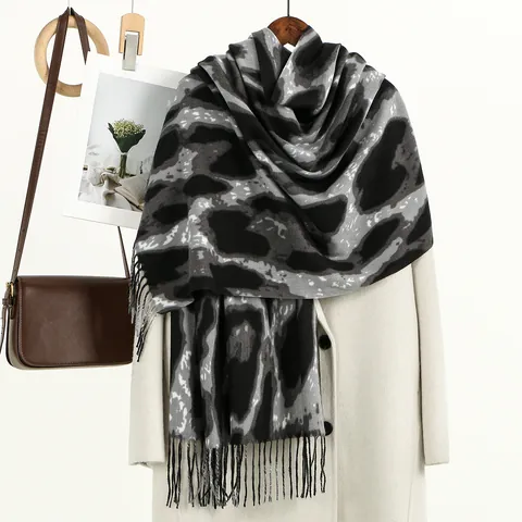 Women Fashion Leopard Print Scarf Thickened Faux Cashmere Winter Shawl With Tassels Elegant Warm Wrap For Ladies