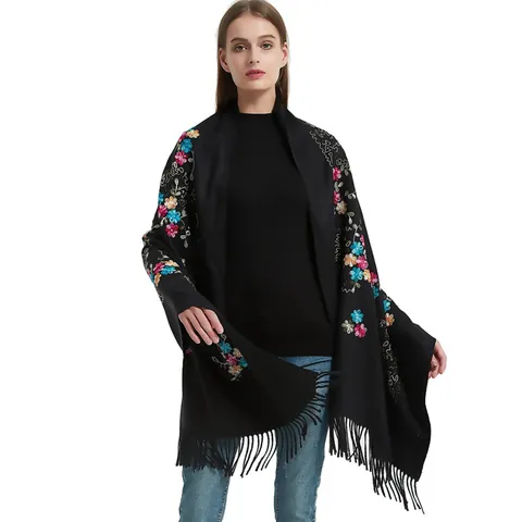 Women Faux Cashmere Scarf Winter Warm Shawl With Vine Floral Embroidery Long Tassel Pashmina Wrap For Autumn Winter