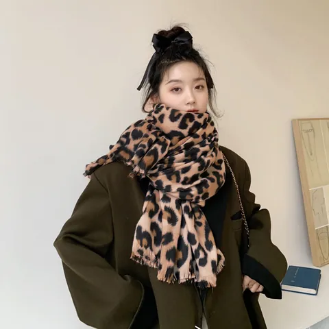 Leopard Print Imitation Cashmere Scarf Oversized Thick Shawl Wrap With Fringed Tassel For Women Winter Warm Fashion Accessory