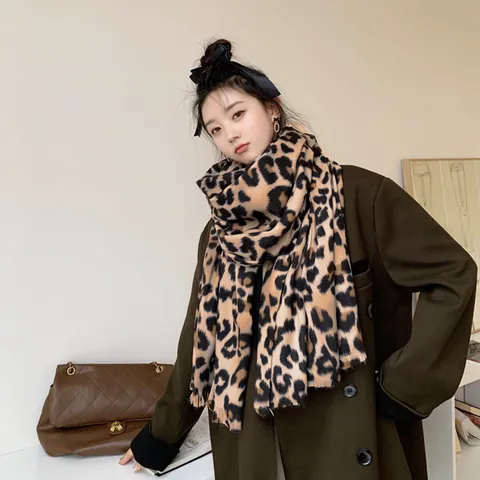 Leopard Print Imitation Cashmere Scarf Oversized Thick Shawl Wrap With Fringed Tassel For Women Winter Warm Fashion Accessory