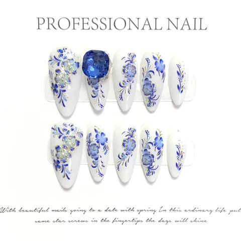 Uñas Postizas Stiletto Hechas a Mano Estilo Porcelana Flores Azules Con Strass Uñas Largas Almendra Para Mujer Decoración