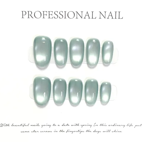 Unghie Finte Occhio di Gatto Grigio Verde Fatte a Mano Ovale Corto Design Mare di Vetro Brillante per Donna Decorazione Manicure