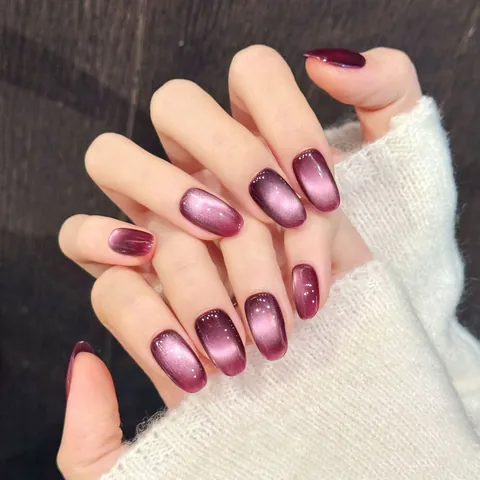 Handmade Purple Cat Eye Press On Nails Short Oval Gradient Shimmer False Nails For Women Daily Nail Art Decoration